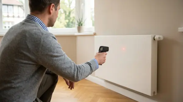 Energieberater misst mit Infrarot-Thermometer die Temperatur eines Heizkörpers – KI-generiertes Bild