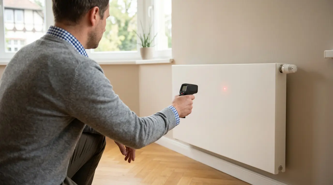 Energieberater misst mit Infrarot-Thermometer die Temperatur eines Heizkörpers – KI-generiertes Bild