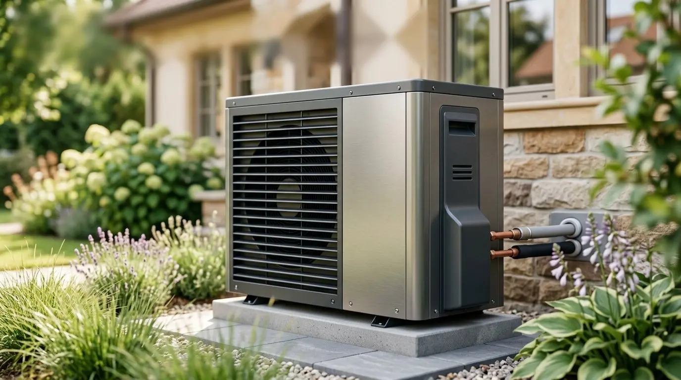 Wärmepumpe mit gebürstetem Edelstahlgehäuse und Kupferleitungen im gepflegten Garten – KI-generiertes Bild
