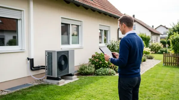 Energieberater dokumentiert eine installierte Wärmepumpe für den Fördernachweis
