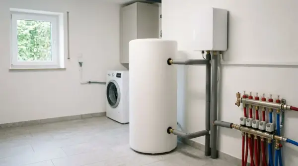 Pufferspeicher einer Wärmepumpe mit Rohranschlüssen neben Heizkreisverteiler im Heizraum – KI-generiertes Bild